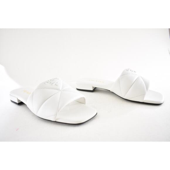 Prada White 55mm Quilted Nappa Leather Logo Slide Sandal Flat Sabots Mule 39 - Picture 4 of 16